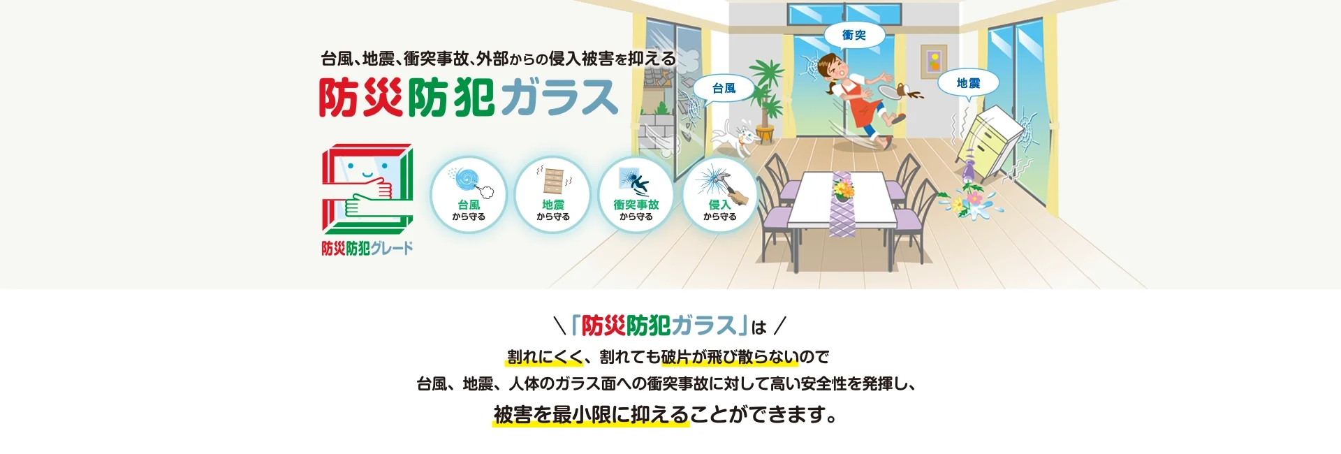 台風、地震、衝突事故の被害を抑える 防災安全合わせガラス 「防災安全合わせガラス」は割れにくく、割れても破片が飛び散らないので台風、地震、人体のガラス面への衝突事故に対して高い安全性を発揮し、被害を最小限に抑えることができます。