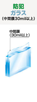 防犯ガラス（中間膜30mil以上）：中間膜（30mil以上）